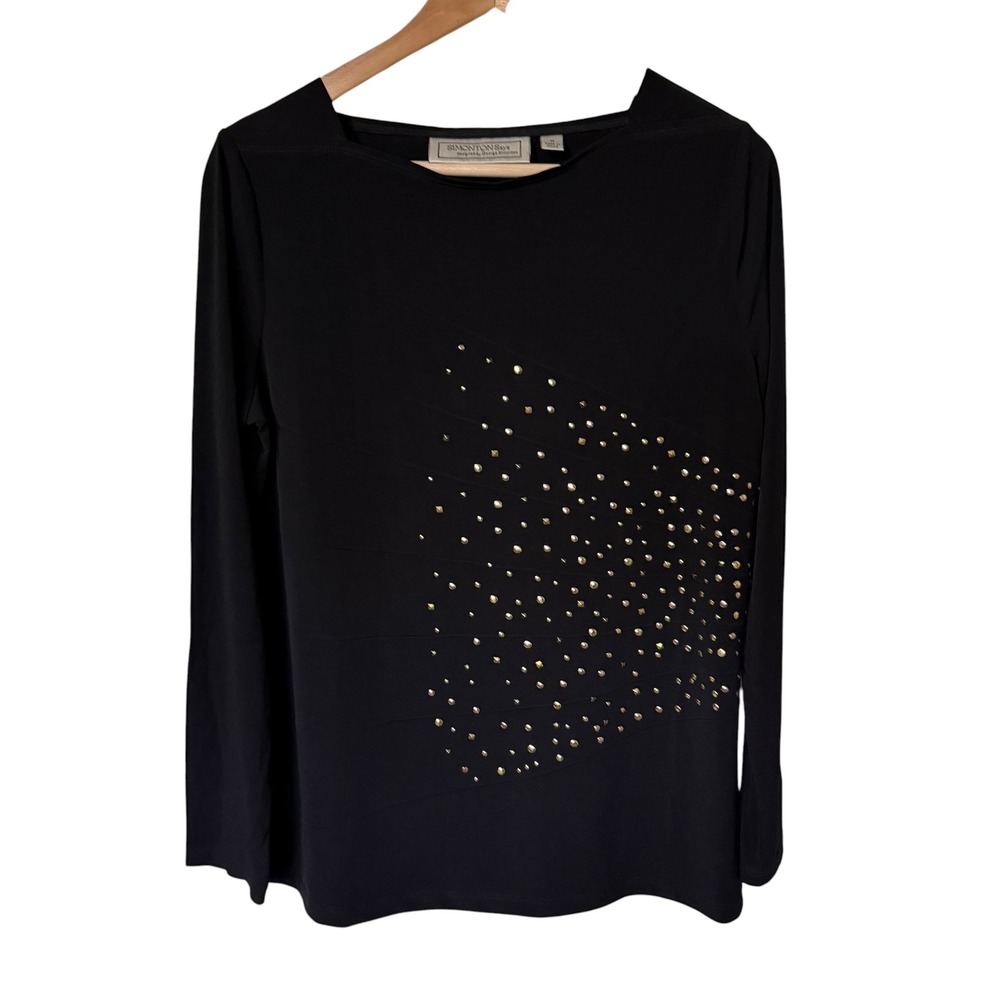 Simonton Says Long Sleeve Top Womens Y2K Medium Black Exc. Gold Studded Boatneck